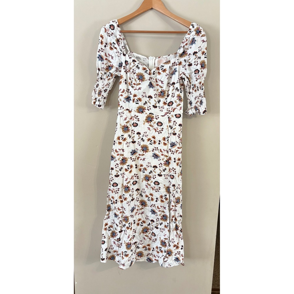 Audrey Parks Medium Cream Boho Floral Dress Sweetheart Neckline Linen Blend Midi